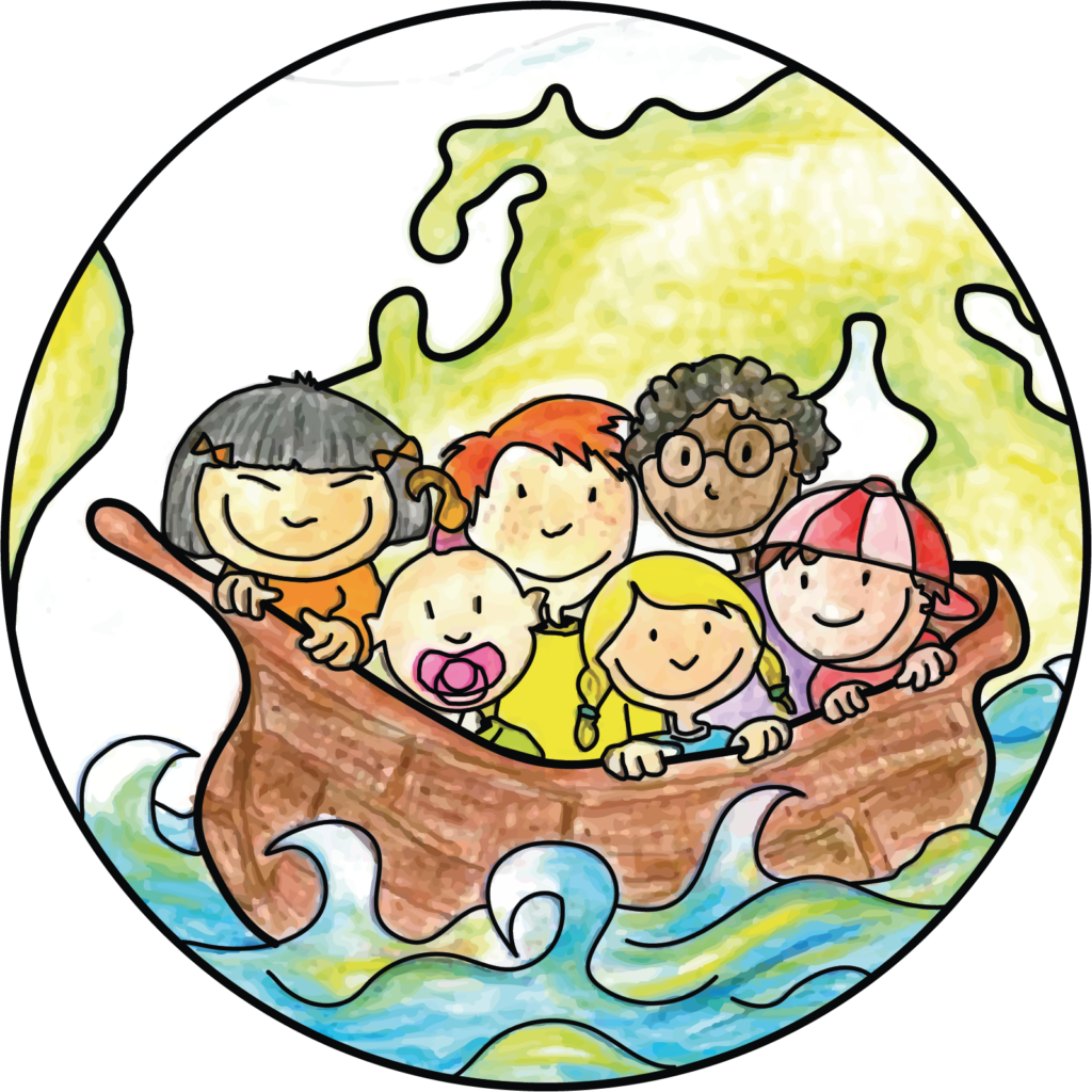 Ein buntes Logo das verschiedene Kinder auf einem Boot im Wasser mit der Erde im Hintergrund darstellt